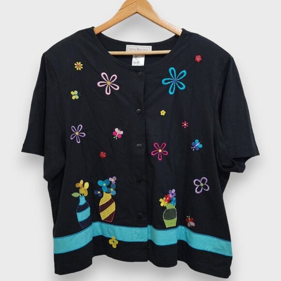 Vintage Anna Maxwell Plus Size Embroidered Neon Y2K Flower Boxy Button Down 22W - Picture 1 of 15